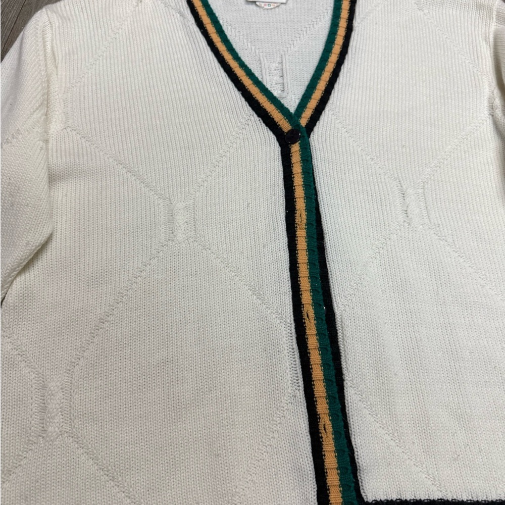 Vtg Arnold Palmer White Cardigan Sweater with Striped Trim - Picture 4 of 8